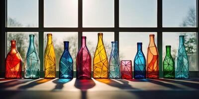 ai généré coloré verre bouteilles sur rebord de fenêtre avec lumière du soleil. recycler concept. génératif ai photo