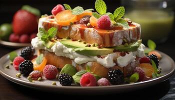 ai généré Frais fruit salade avec framboise, fraise, myrtille, et menthe feuille généré par ai photo