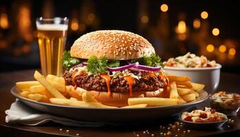 ai généré gourmet cheeseburger, frites, et Cola américain culture sur table généré par ai photo