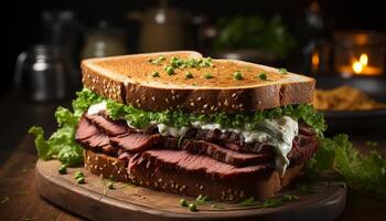 ai généré grillé du boeuf sandwich sur grillé pain ciabatta, Frais et rustique généré par ai photo