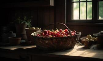 ai généré panier de Frais rouge prunes sur en bois table dans cuisine photo