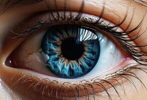 ai généré proche en haut de une bleu œil. cette fermer photographier vitrines une bleu iris, fournir une détaillé vue de le complexe motifs et couleurs dans le œil. photo