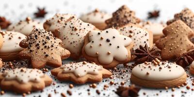 ai généré Noël pain d'épice biscuits sur une clair Contexte. une table couvert avec nombreux biscuits surmonté avec glaçage dans une variété de les saveurs et conceptions. photo