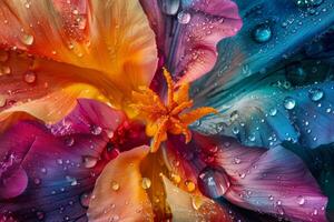 ai généré gouttes de pluie sur vibrant iris pétales photo