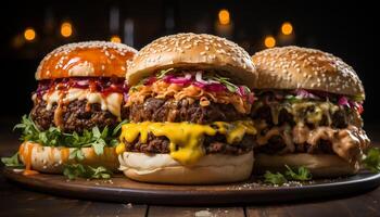 ai généré grillé gourmet Burger avec fondu Cheddar, Frais tomate, et oignon généré par ai photo