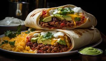 ai généré fait maison du boeuf taco avec guacamole, coriandre, et Cheddar fromage généré par ai photo