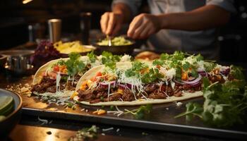 ai généré Frais fait maison mexicain du boeuf taco avec grillé Viande et guacamole généré par ai photo