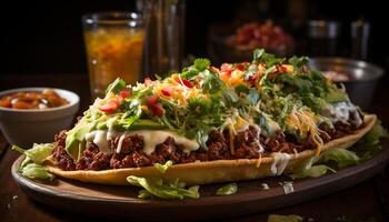 ai généré grillé du boeuf taco avec guacamole, tomate, et Frais coriandre généré par ai photo