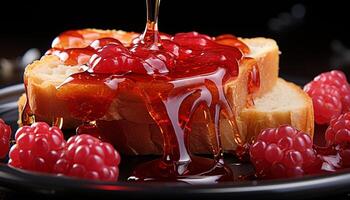 ai généré fraîcheur et douceur sur une assiette framboise, fraise, et myrtille généré par ai photo