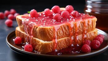 ai généré fraîcheur et douceur sur une assiette fait maison framboise dessert généré par ai photo