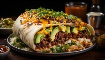 ai généré grillé du boeuf taco avec guacamole, tomate, et Frais des légumes généré par ai photo