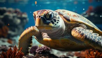 ai généré en danger mer tortue nager dans le coloré corail récif généré par ai photo