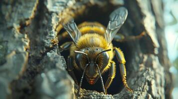 ai généré une abeille nid à l'intérieur une gros arbre photo