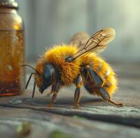 ai généré abeille est séance sur en bois table suivant à bouteille photo