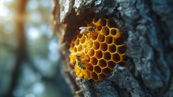 ai généré une abeille nid à l'intérieur une gros arbre photo