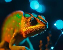 ai généré caméléon sur branche avec bokeh et bleu lumières photo