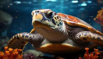 ai généré une mignonne tortue nager dans le bleu sous-marin récif généré par ai photo