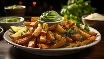 ai généré fraîchement préparé gourmet français frites sur une en bois assiette généré par ai photo