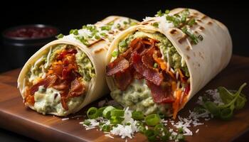 ai généré fraîchement grillé du boeuf taco avec guacamole et coriandre sur une tortilla généré par ai photo