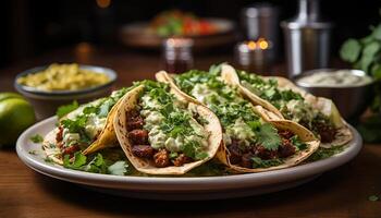 ai généré Frais guacamole et taco sur une en bois plaque, prêt à manger généré par ai photo