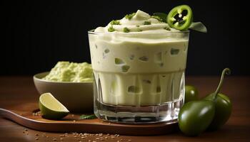 ai généré rafraîchissant cocktail avec chaux, glace, et vert garnir sur en bois table généré par ai photo