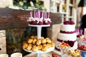 élégant bonbons bar avec Gâteaux, des sucreries, sucré biscuits, gâteau saute. délicieux assortiment pour mariage banquet. bonbons bar à l'intérieur le restaurant. photo