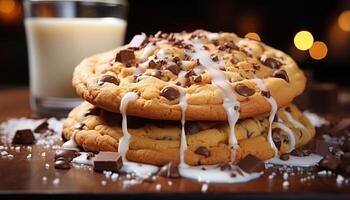 ai généré une fait maison Chocolat puce biscuit empiler sur une rustique table généré par ai photo