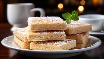 ai généré une empiler de fait maison biscuits sur une en bois assiette généré par ai photo