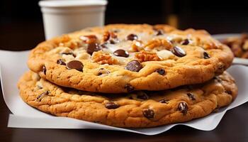 ai généré fait maison Chocolat puce biscuits empilés sur rustique en bois table généré par ai photo