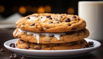 ai généré fait maison Chocolat puce biscuits, une sucré indulgence sur une assiette généré par ai photo