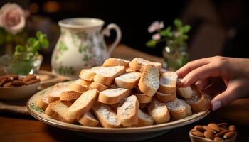 ai généré fait maison Chocolat biscuit sur rustique bois tableau, une sucré indulgence généré par ai photo