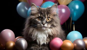 ai généré mignonne chaton en jouant avec coloré des ballons à anniversaire fête généré par ai photo