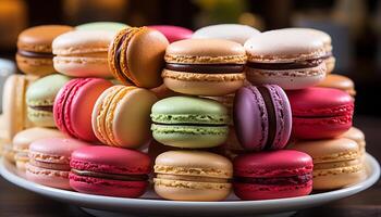 ai généré une empiler de coloré macarons, une français gourmet délice généré par ai photo