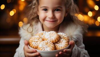 ai généré mignonne fille souriant, en portant fait maison biscuit, célébrer Noël joyeusement généré par ai photo