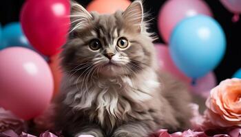 ai généré mignonne chaton avec ballon, espiègle chiot à anniversaire fête généré par ai photo