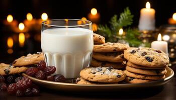 ai généré fraîchement cuit Chocolat puce biscuits sur une en bois table généré par ai photo