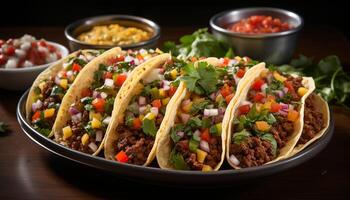 ai généré gourmet du boeuf taco avec guacamole, tomate, et coriandre, prêt à manger généré par ai photo