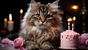 ai généré mignonne chaton séance par bougie, célébrer anniversaire avec Chocolat généré par ai photo