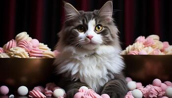 ai généré mignonne chaton séance, à la recherche à caméra, en mangeant Chocolat bonbons généré par ai photo