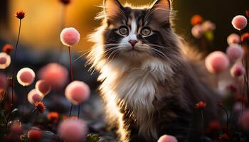 ai généré mignonne chaton séance sur herbe, espiègle avec l'automne décoration généré par ai photo