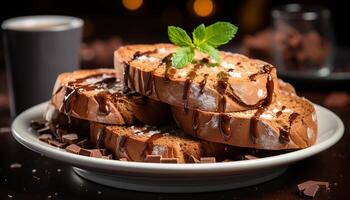 ai généré fait maison Chocolat truquer sur rustique en bois plaque, indulgent dessert généré par ai photo