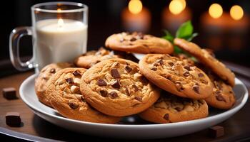 ai généré fait maison Chocolat puce biscuits sur rustique en bois table généré par ai photo