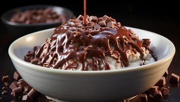 ai généré indulgent dessert foncé Chocolat truquer sur une en bois assiette généré par ai photo