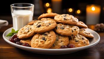 ai généré fait maison Chocolat puce biscuits sur rustique en bois table généré par ai photo