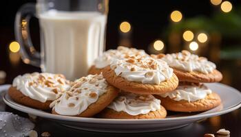 ai généré fraîchement cuit fait maison Chocolat biscuits sur une rustique en bois table généré par ai photo