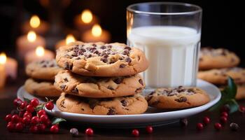 ai généré fait maison Chocolat puce biscuits empilés sur rustique bois table généré par ai photo