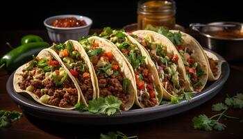 ai généré grillé du boeuf taco avec guacamole, Frais coriandre, et tomate généré par ai photo