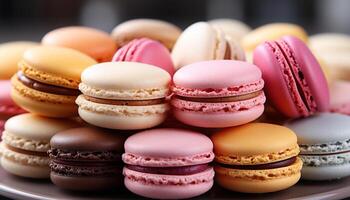 ai généré une proche en haut de une gourmet macaron empiler, coloré et sucré généré par ai photo