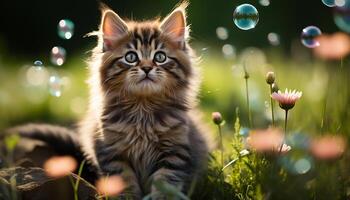 ai généré mignonne chaton en jouant dans le herbe, la nature beauté dans été généré par ai photo