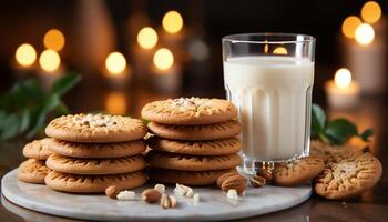 ai généré fraîchement cuit Chocolat puce biscuits sur une rustique en bois table généré par ai photo